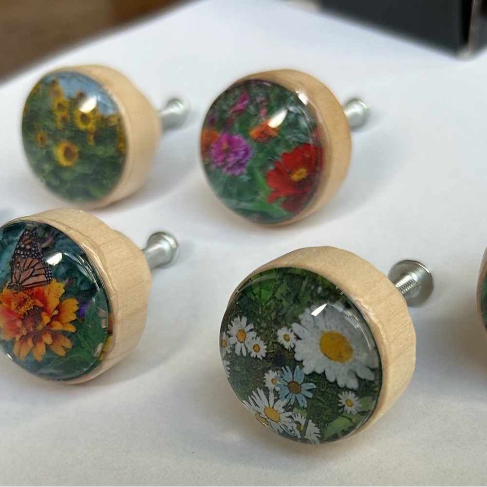 6 Floral Wooden Glass Drawer Knobs (Handmade)